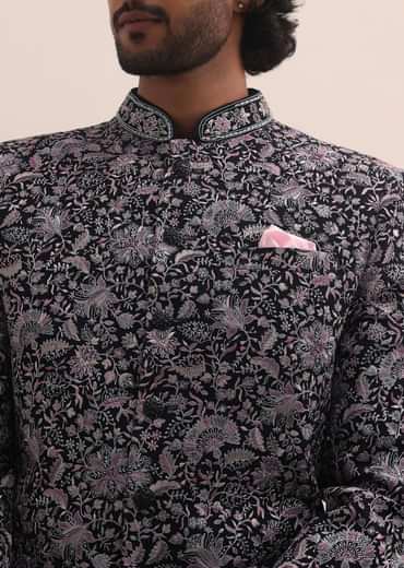 Black Floral Thread Embroidered Jodhpuri Suit For Men