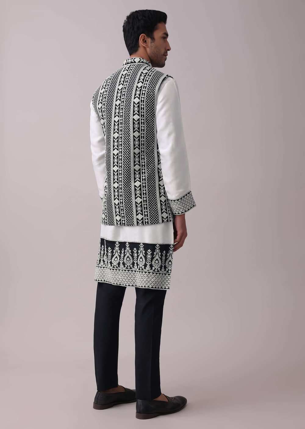 Black Four Piece Sherwani Set With Threadwork And Sequins Embroidery