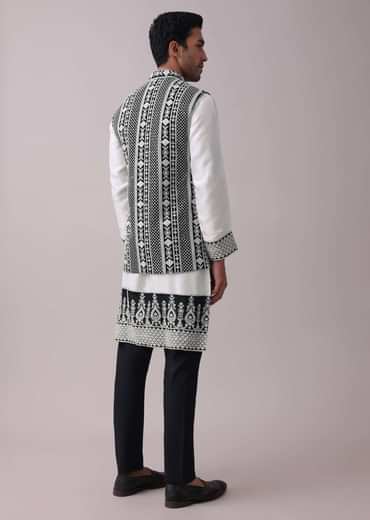 Black Four Piece Sherwani Set With Threadwork And Sequins Embroidery