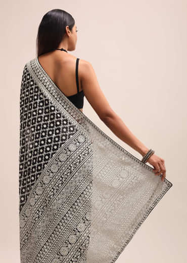 Black Georgette Chikankari Saree With Unstitiched Blouse