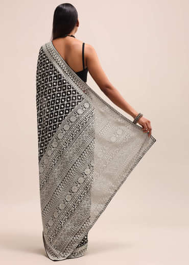 Black Georgette Chikankari Saree With Unstitiched Blouse