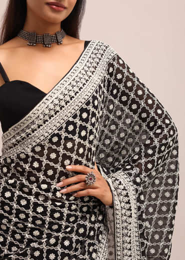 Black Georgette Chikankari Saree With Unstitiched Blouse