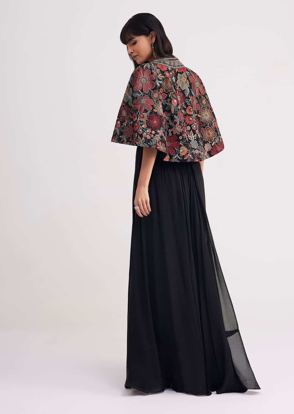 Black Georgette Croptop Palazzo With Sequin Work Cape