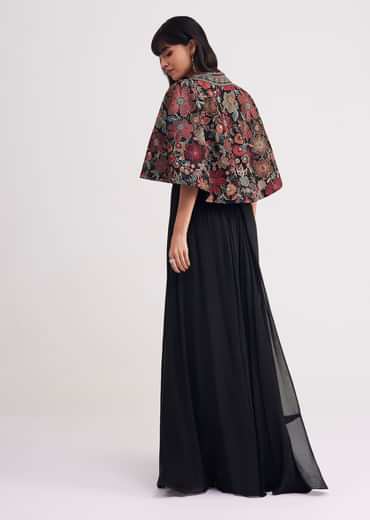 Black Georgette Croptop Palazzo With Sequin Work Cape