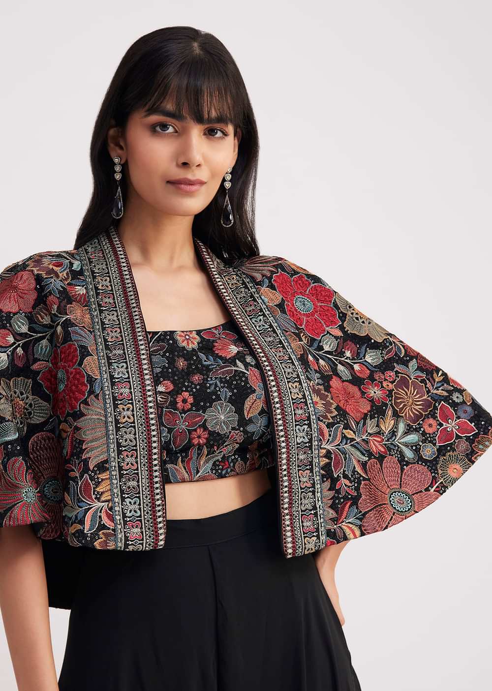 Black Georgette Croptop Palazzo With Sequin Work Cape