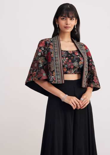 Black Georgette Croptop Palazzo With Sequin Work Cape