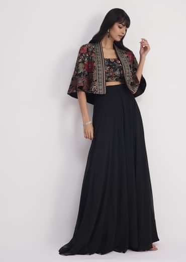 Black Georgette Croptop Palazzo With Sequin Work Cape