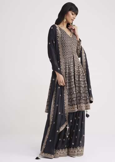 Midnight Blue Georgette Embroidered Palazzo Suit