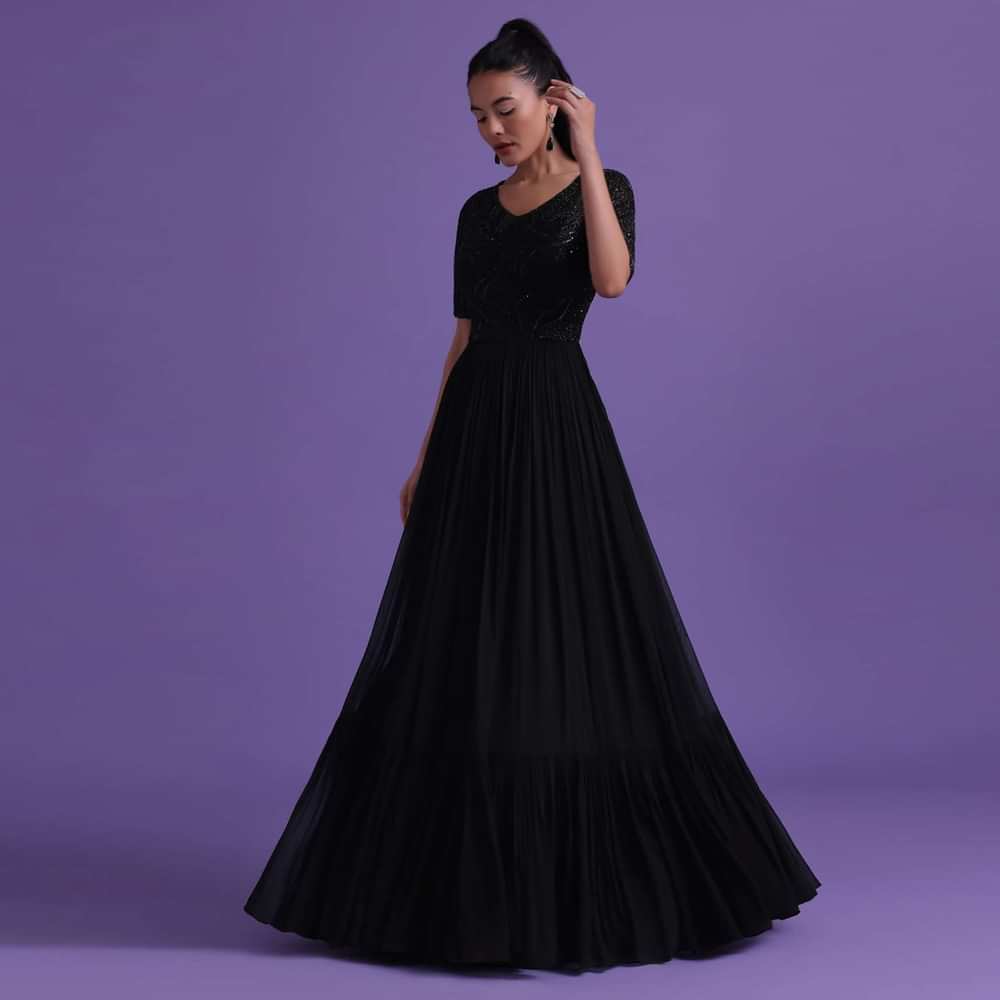 Black Georgette Gown With Cut Dana, Sequins, And Bead Work