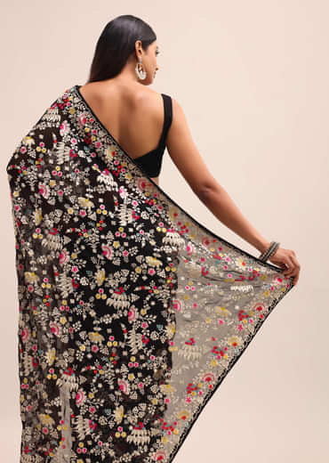 Black Georgette Parsi Gara Multi Color Saree With Unstitched Blouse