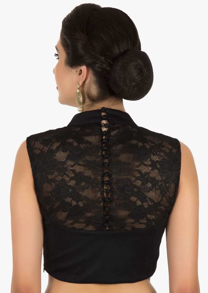 Black georgette saree adorn in thread and kundan work only on Kalki