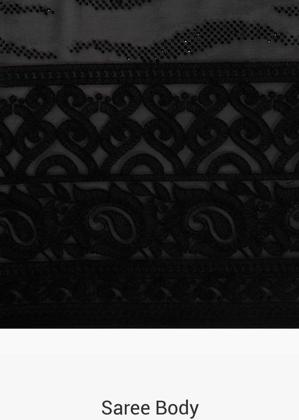 Black georgette saree adorn in thread and kundan work only on Kalki