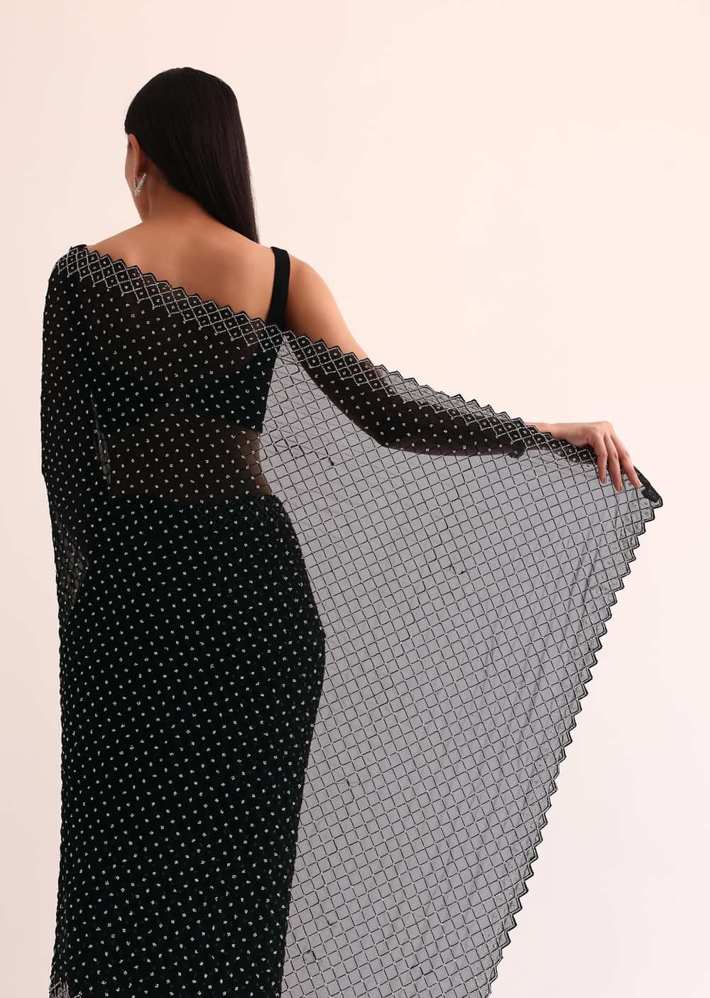 Black Georgette Saree With Stone Embroidery And Unstitched Blouse