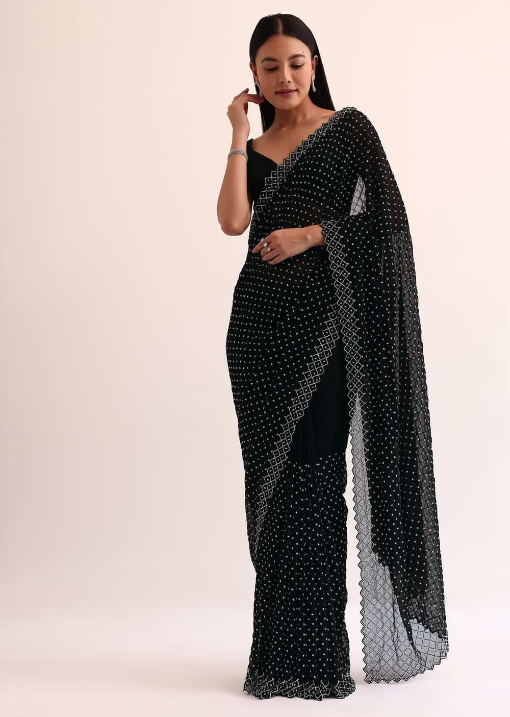 Black Georgette Saree With Stone Embroidery And Unstitched Blouse