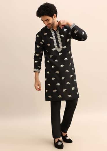 Black Gold Foil Applique Motifs Work Kurta Set