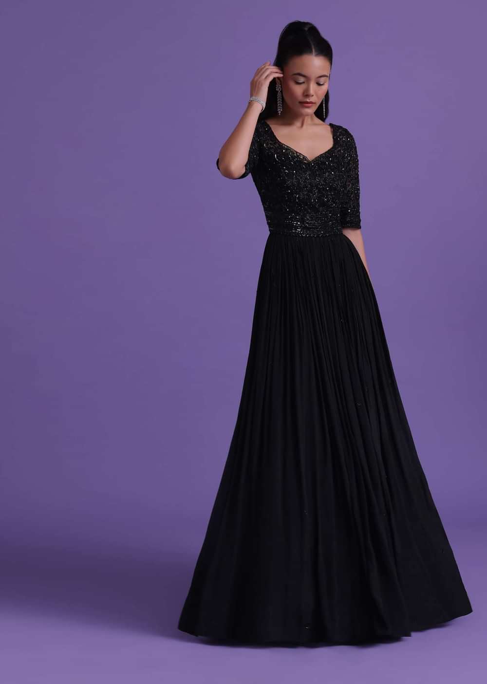Black Gown In Chinon With Cut Dana, Beads, And Sequins Work