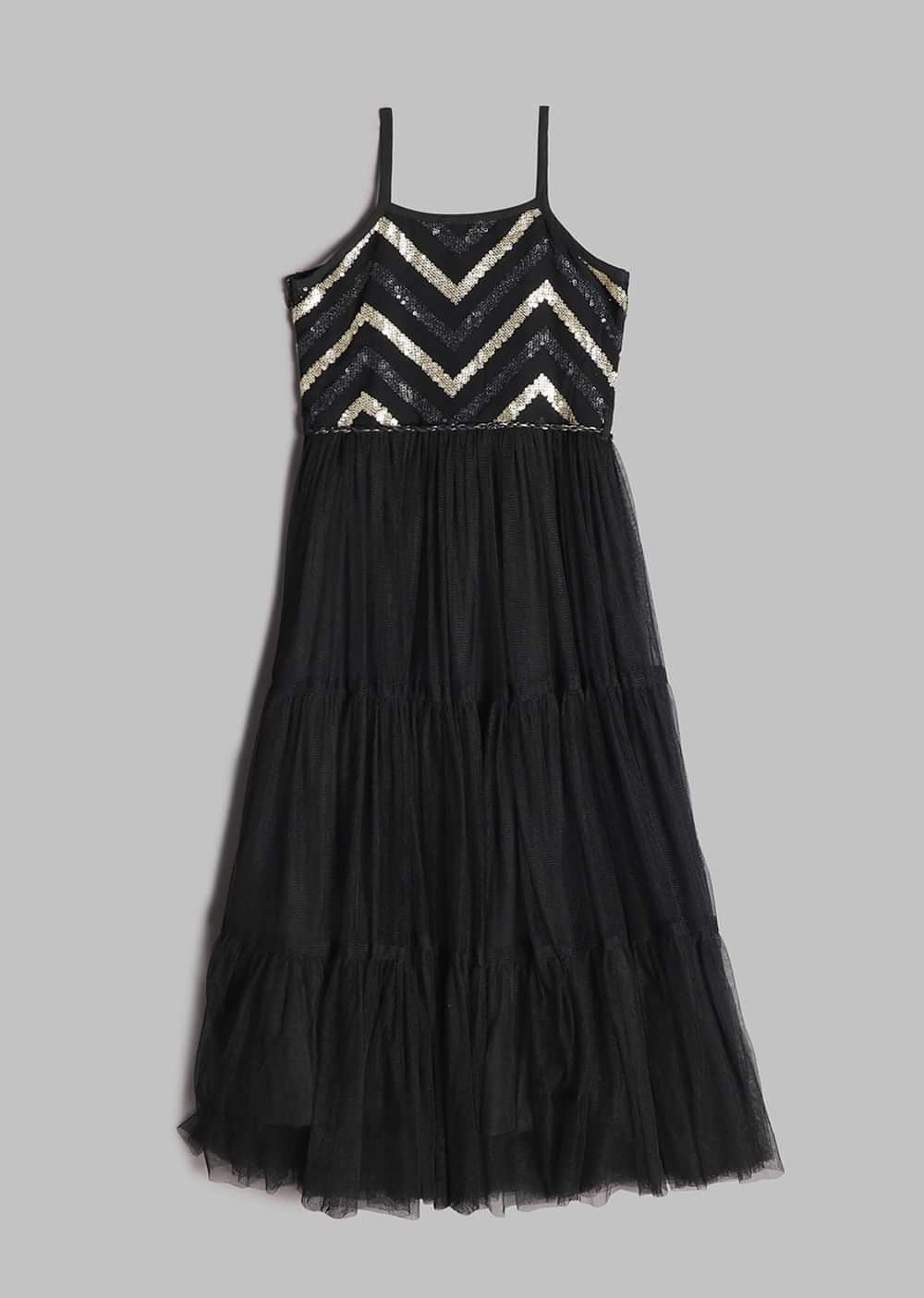 Kalki Girls Black Gown In Embroidered Net With Zig Zag Detailing And Strap Sleeves By Mini Chic