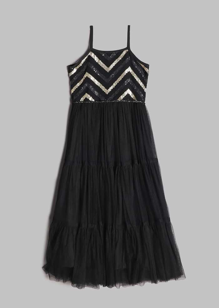 Kalki Girls Black Gown In Embroidered Net With Zig Zag Detailing And Strap Sleeves By Mini Chic