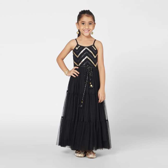 Kalki Girls Black Gown In Embroidered Net With Zig Zag Detailing And Strap Sleeves By Mini Chic