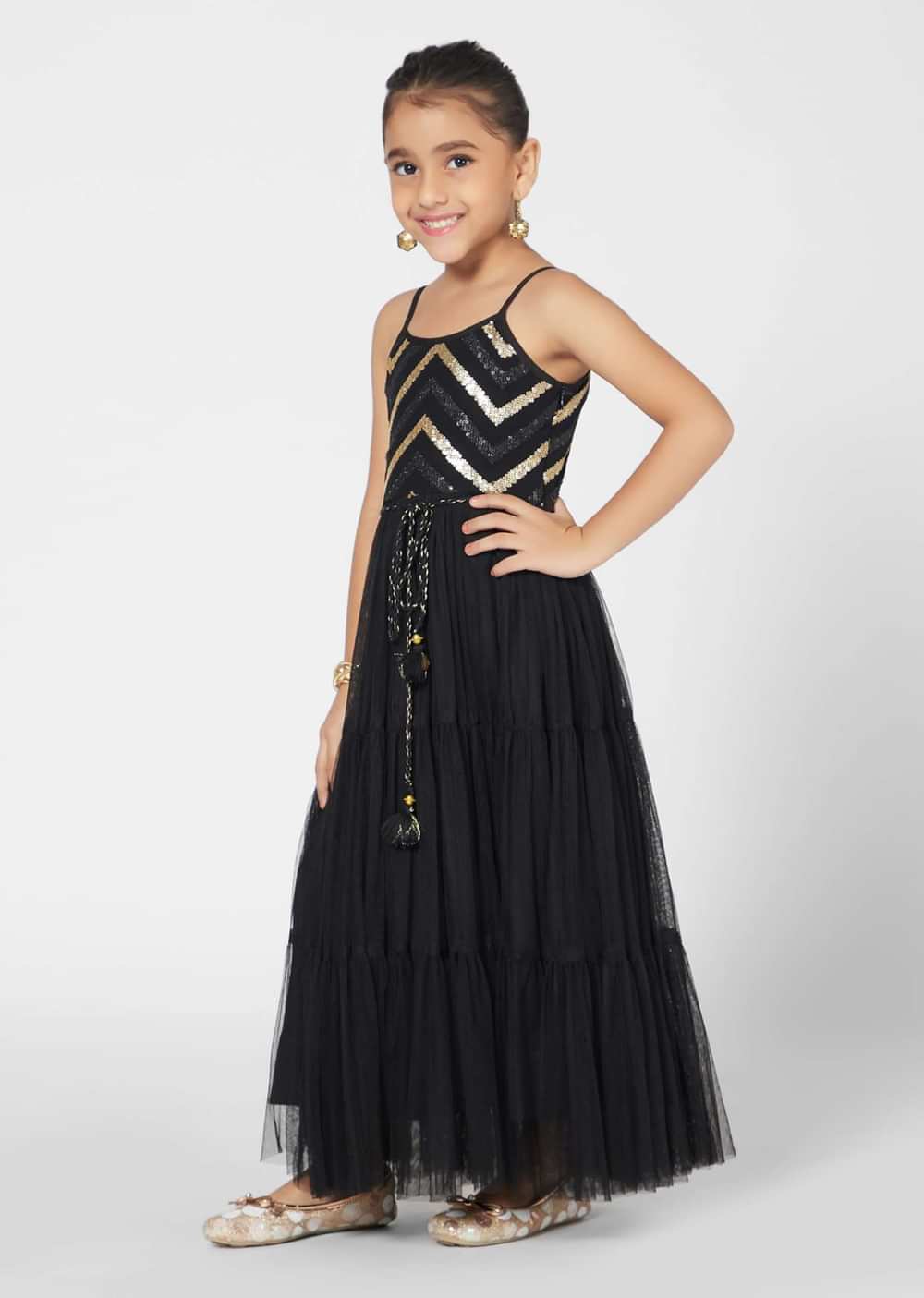 Kalki Girls Black Gown In Embroidered Net With Zig Zag Detailing And Strap Sleeves By Mini Chic