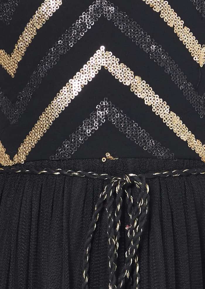 Kalki Girls Black Gown In Embroidered Net With Zig Zag Detailing And Strap Sleeves By Mini Chic