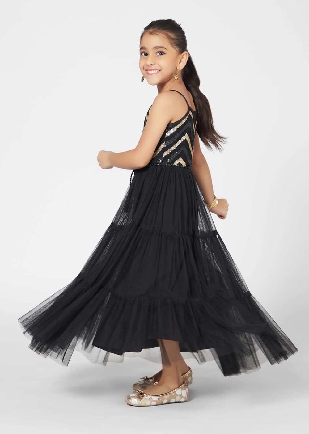 Kalki Girls Black Gown In Embroidered Net With Zig Zag Detailing And Strap Sleeves By Mini Chic