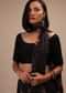 Black Half-Sleeveless Blouse In Scallop Neckline Raw Silk With Back Hook Closure.Padded With A Straight  Hemline