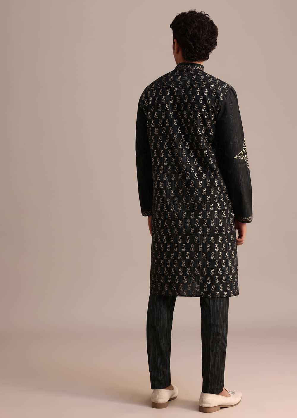 Black Hand Block Printed Foil Work Kurta Set