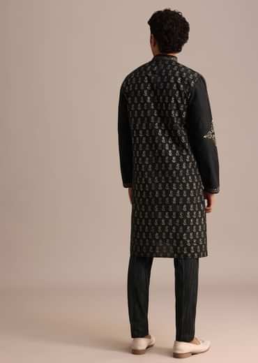 Black Hand Block Printed Foil Work Kurta Set