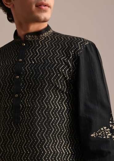 Black Hand Block Printed Foil Work Kurta Set