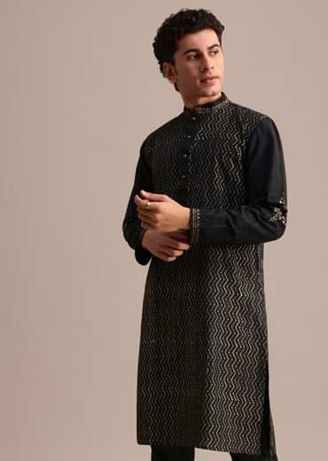 Black Hand Block Printed Foil Work Kurta Set