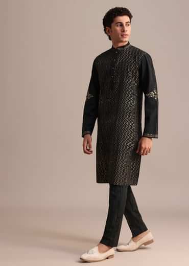 Black Hand Block Printed Foil Work Kurta Set