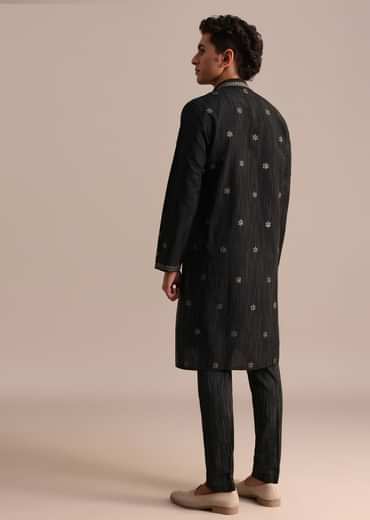 Black Hand Block Printed Kurta Set With Foil Work