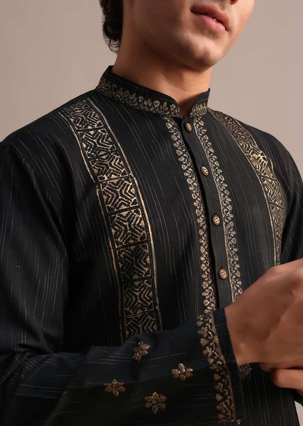 Black Hand Block Printed Kurta Set With Foil Work