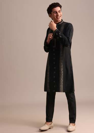 Black Hand Block Printed Kurta Set With Foil Work