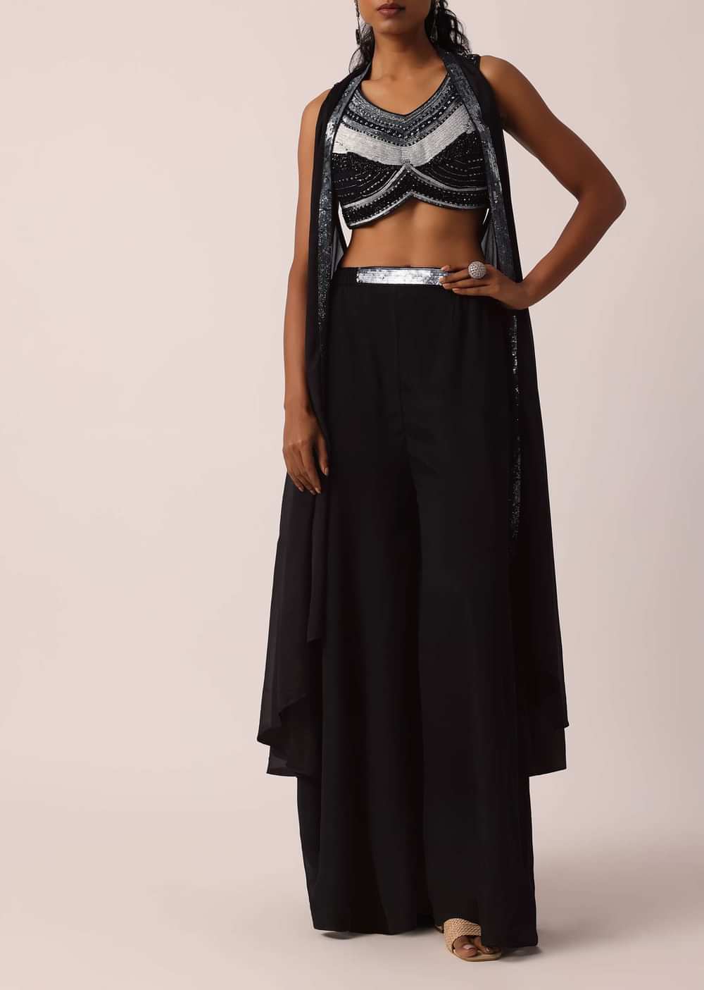 Black Hand Embellished Jacket And Palazzo Set