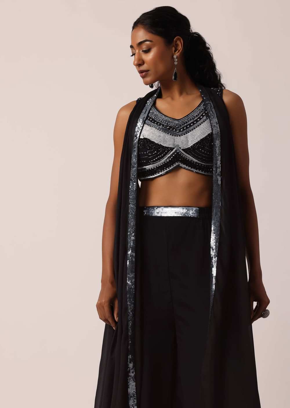 Black Hand Embellished Jacket And Palazzo Set
