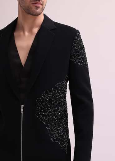 Black Hand Embellished Lapel Tuxedo With Shirt And Pants