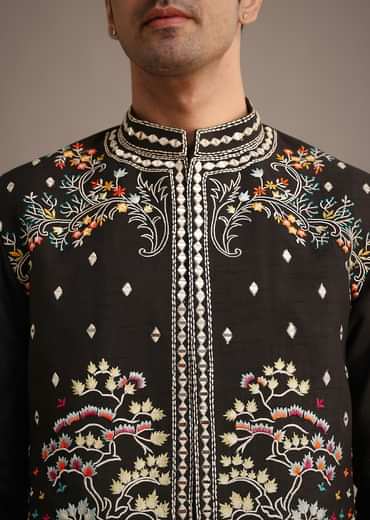Black Hand Embellished Mirror Work Jacket And Kurta Set In Silk