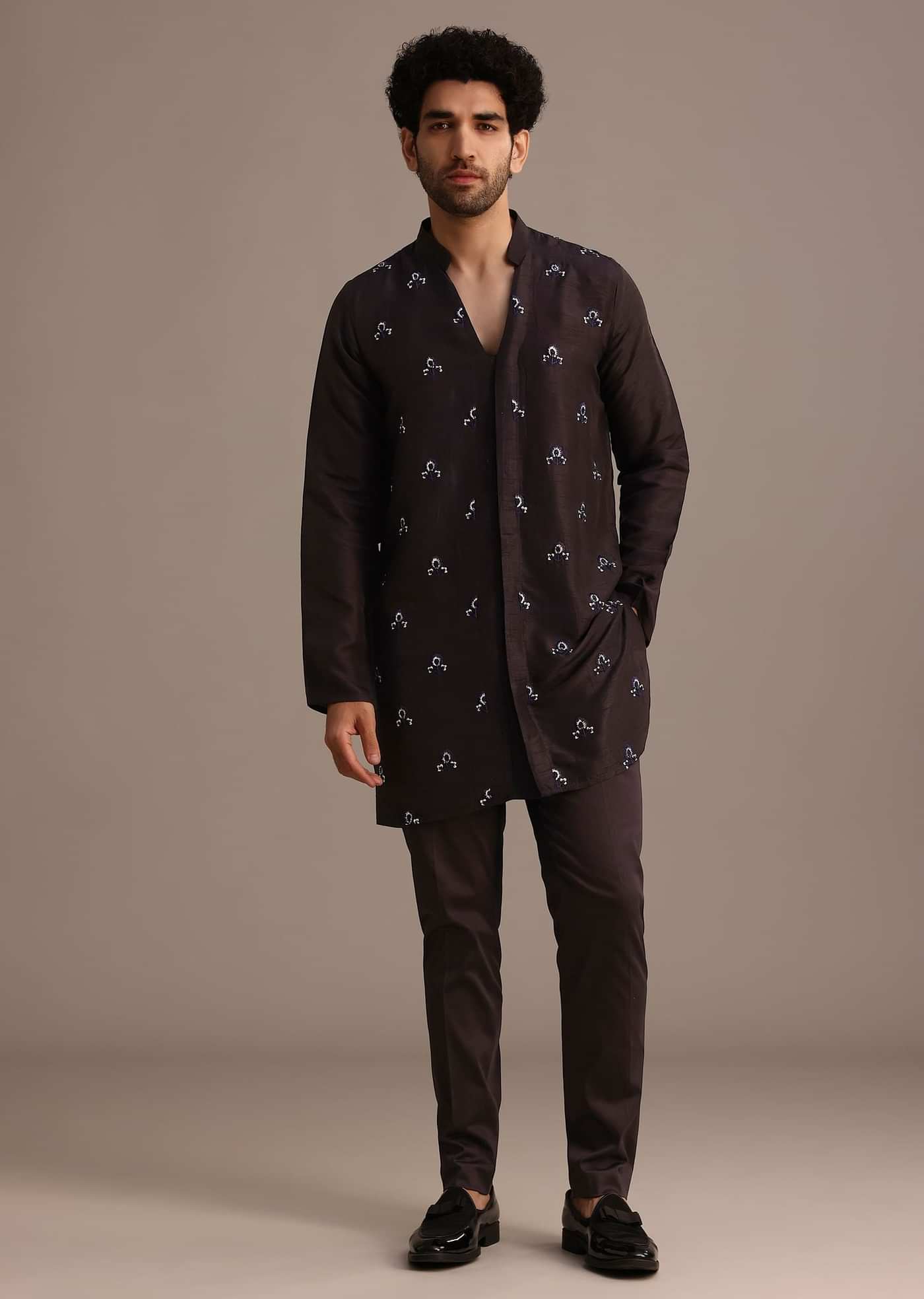 Black Hand Embroidered Indo Western Set in Silk Blend