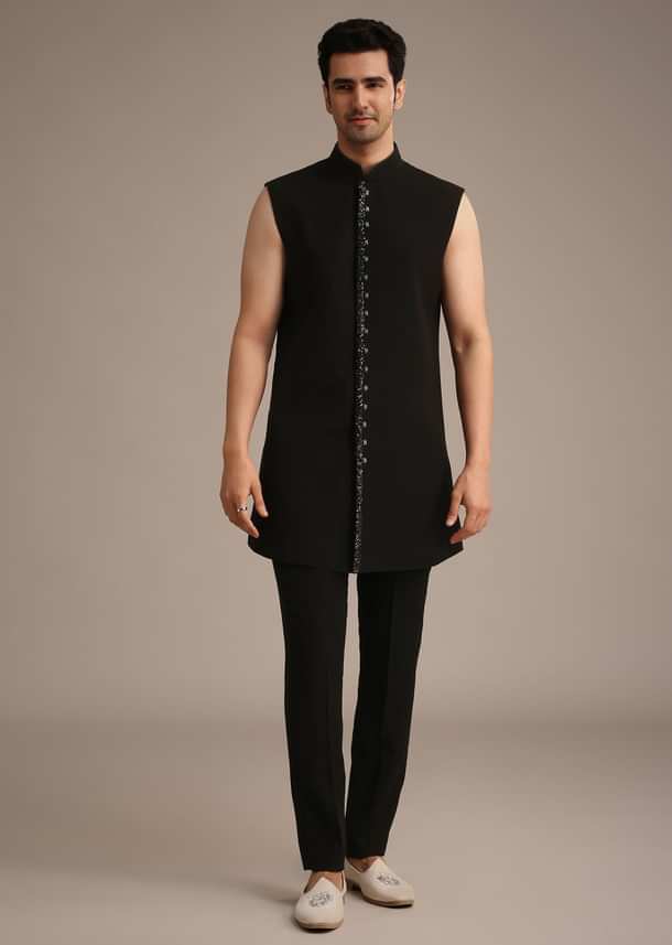 Black Hand Embroidered Indowestern And Kurta Set Black Hand Embroidered Indowestern And Kurta Set