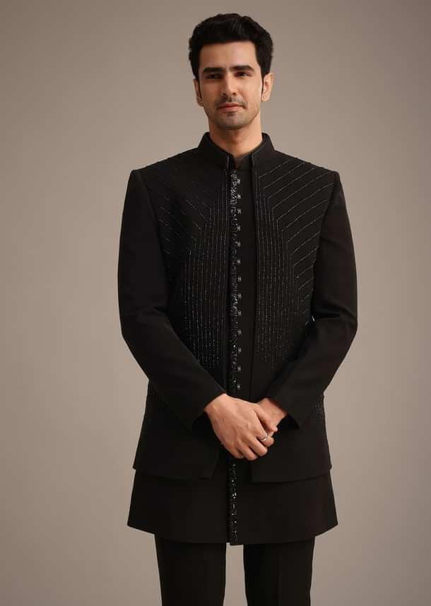 Black Hand Embroidered Indowestern And Kurta Set Black Hand Embroidered Indowestern And Kurta Set