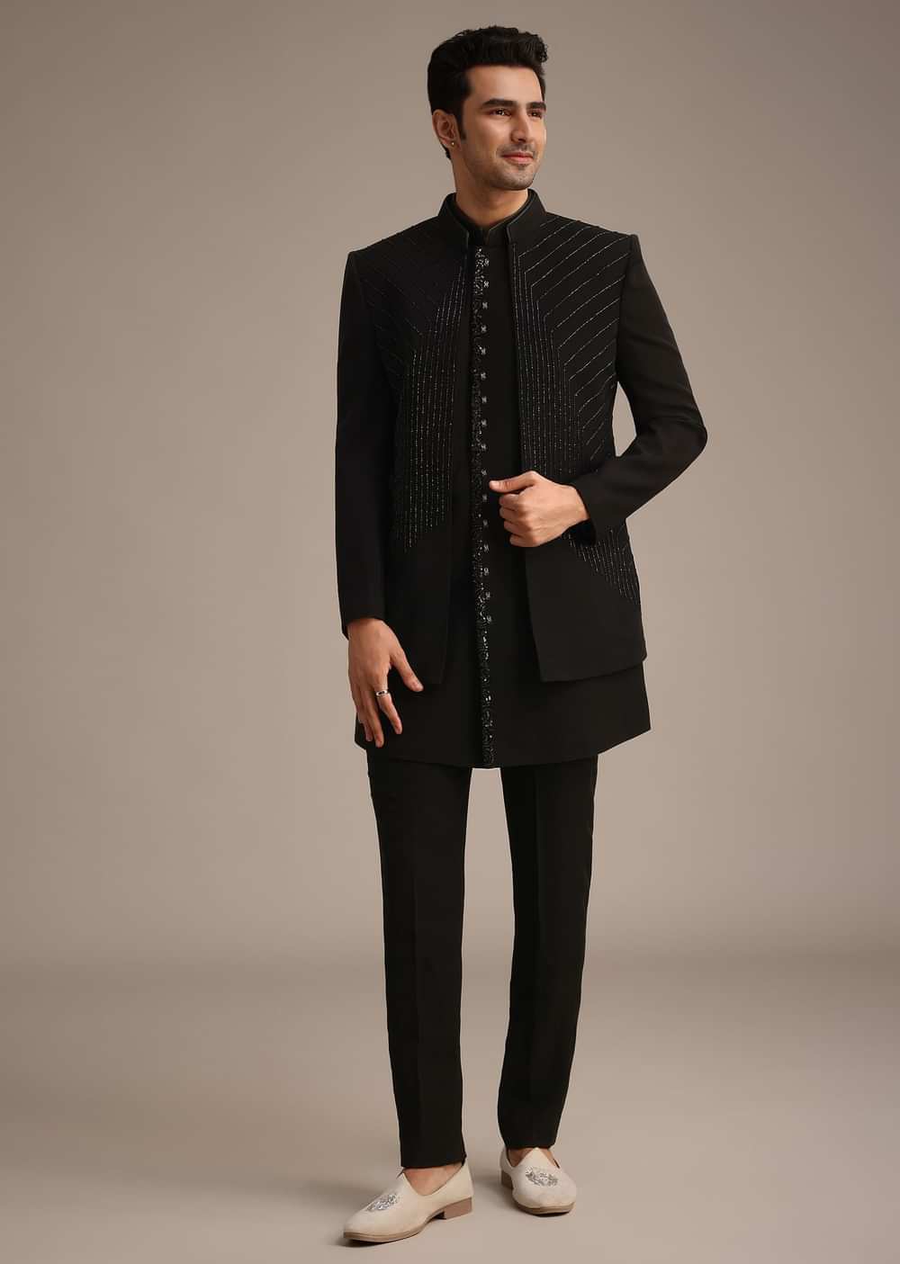 Black Hand Embroidered Indowestern And Kurta Set
