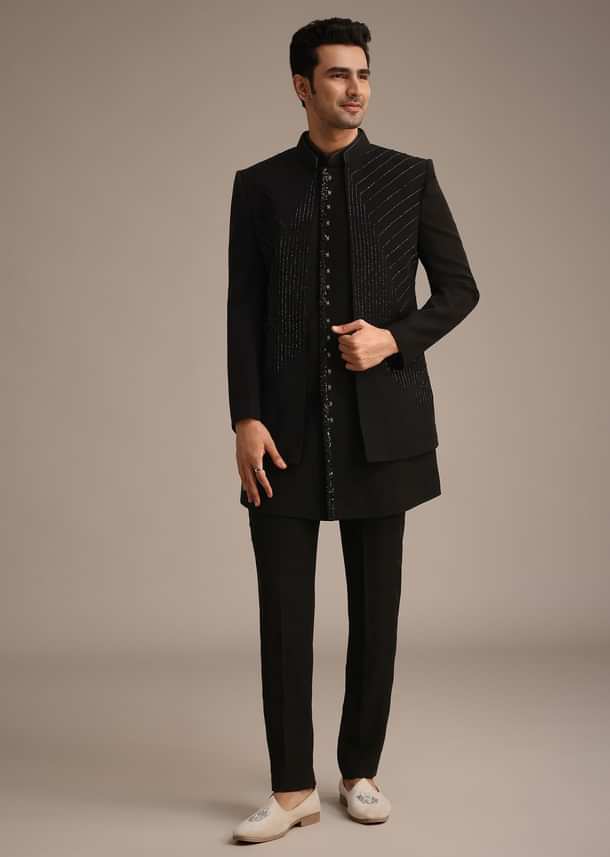 Black Hand Embroidered Indowestern And Kurta Set Black Hand Embroidered Indowestern And Kurta Set