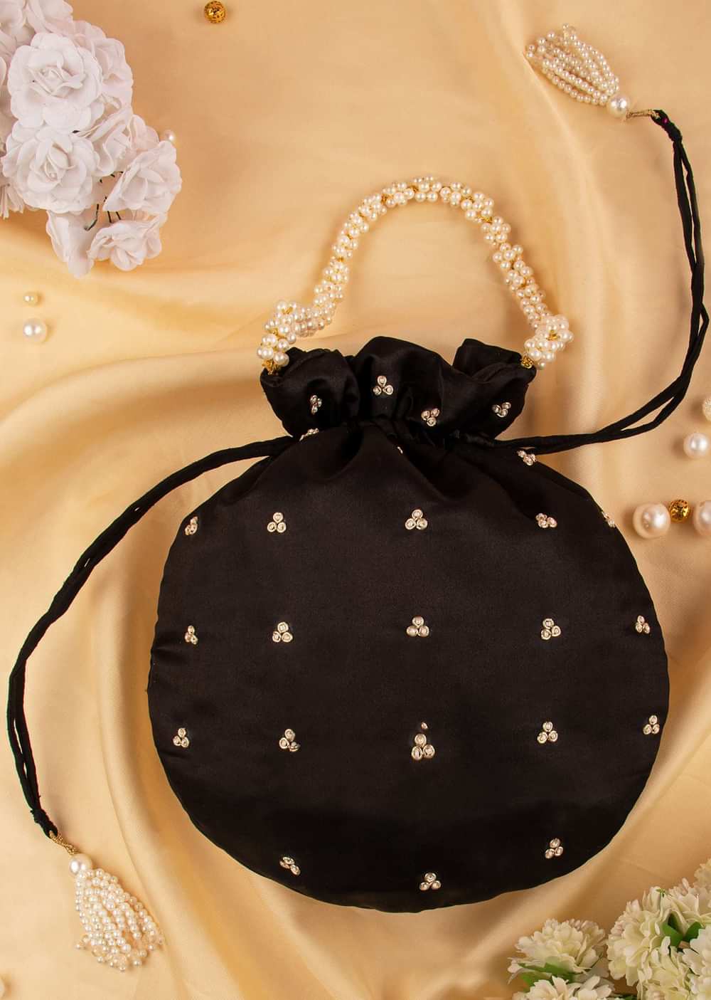 Black Hand Embroidered Potli In Raw Silk