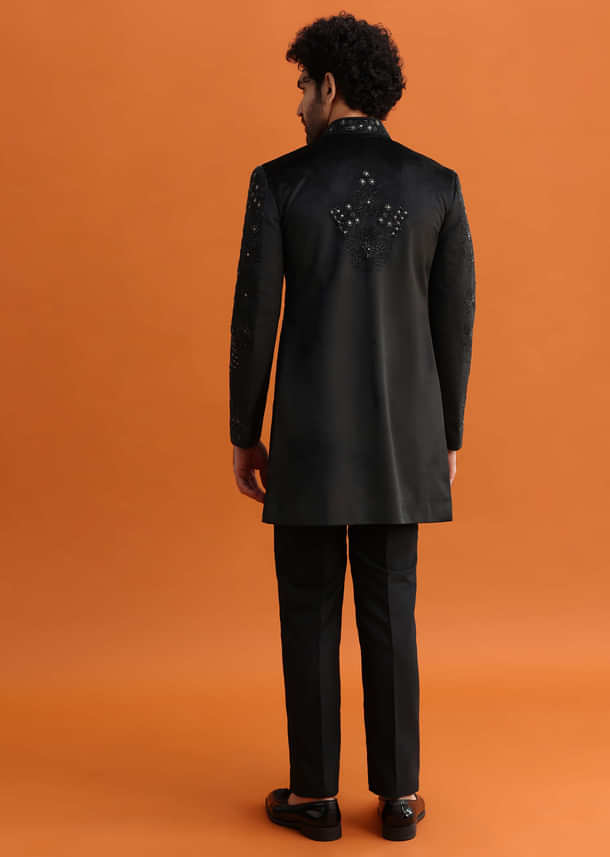 Black Hand Embroidered Velvet Indowestern Set For Men