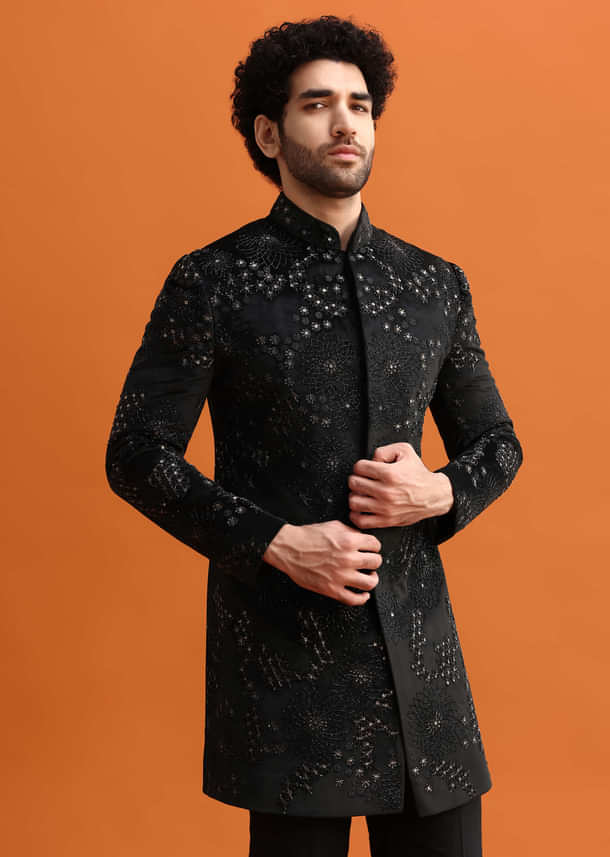 Black Hand Embroidered Velvet Indowestern Set For Men