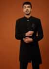 Black Indo-Western Sherwani Set Embroidered In Imported Suiting Fabric