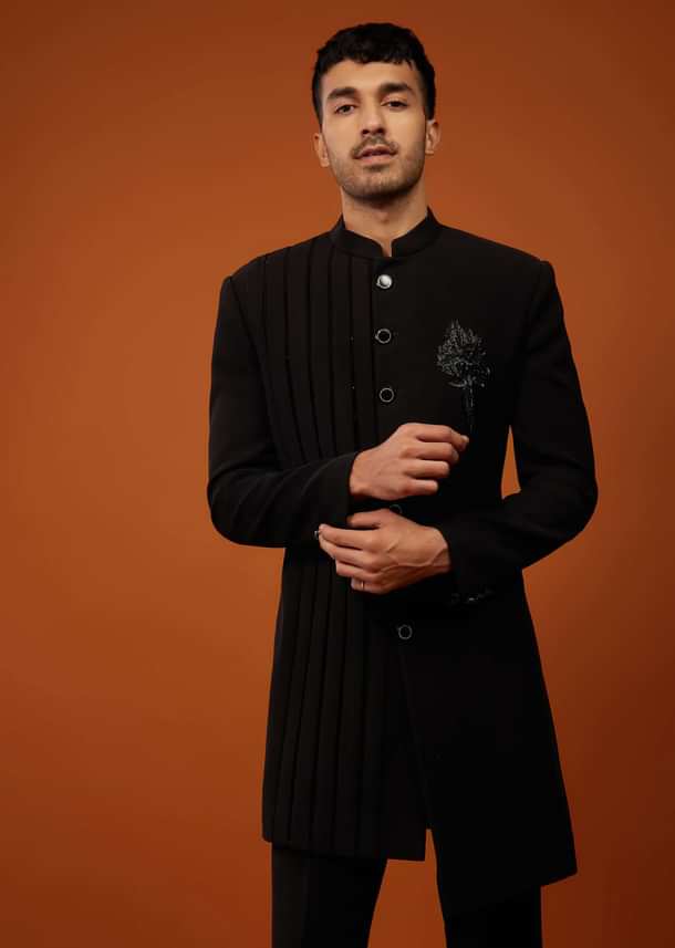 Black Indo-Western Sherwani Set Embroidered In Imported Suiting Fabric
