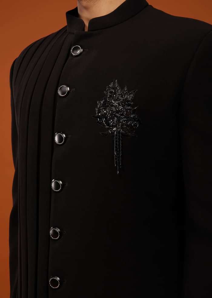 Black Indo-Western Sherwani Set Embroidered In Imported Suiting Fabric